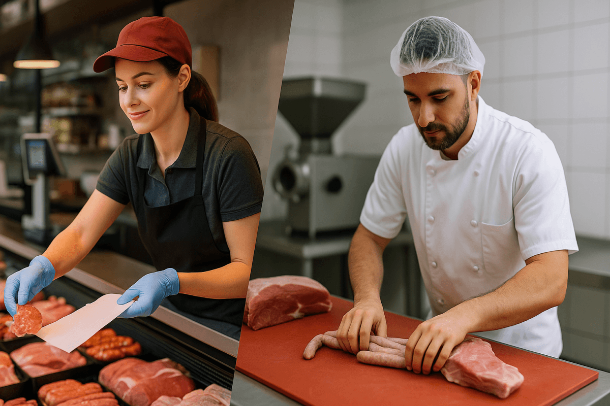 2 Personen, 1 im verkauf, 1 in der Produktion